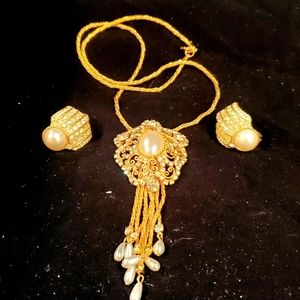 23" Gold & Pearl CZs Princess Necklace & Earrings - Holiday Bling!
